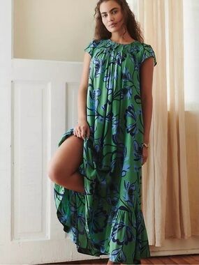 NWOT Anthropologie Arielle Green Floral Maxi Dress, size XS